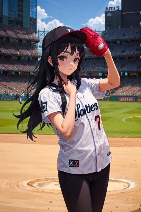 <lora:baseball_uniform:0.45> wearing baseball_uniform, holding a baseball glove, inside_stadium, throwing a ball, <lora:akiyama_mio:0.8> aamio,black eyes,long hair,hime cut,blunt bangs,, ultra detailed, masterpiece, best quality, aesthetic, detailed,