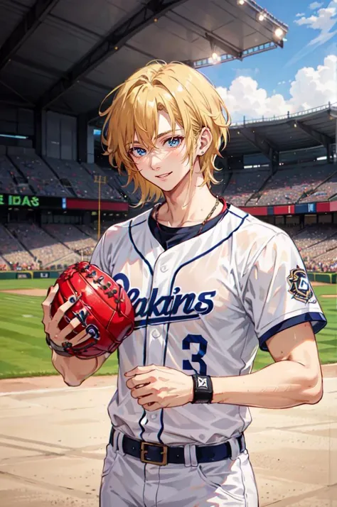 <lora:baseball_uniform:0.45> wearing baseball_uniform, holding a baseball glove, inside_stadium, throwing a ball,, ultra detailed, masterpiece, best quality, aesthetic, detailed,, solo, smile, 1boy, blue eyes, medium blonde hair, parted bangs, hair intakes, male focus, muscular male,