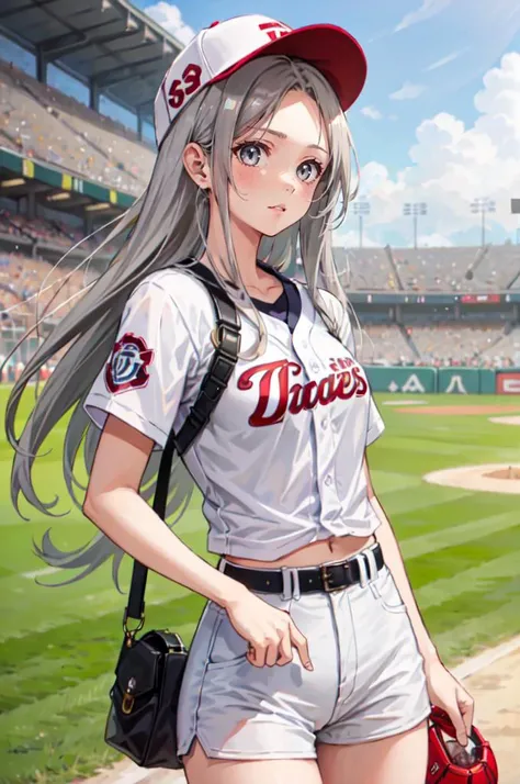 <lora:baseball_uniform:0.45> wearing baseball_uniform, holding a baseball glove, inside_stadium, throwing a ball,, ultra detailed, masterpiece, best quality, aesthetic, detailed,, serious, 1girl, (white eyes:1.1), (grey eyes:1.3), white hair, very long hair, parted hair, parted bangs, <lora:parted_hair_v1.3:1.3>, medium breasts,