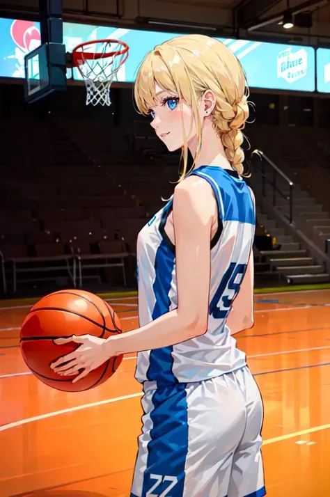 <lora:basket_uniform-10:0.5> wearing basket_uniform, inside basketball field, back view, side view, basketball,, ultra detailed, masterpiece, best quality, aesthetic, detailed,, solo, soft smile, light smile,
1girl, blue eyes, very long hair, blonde hair, long blonde hair, french braid, bangs, medium breasts,
