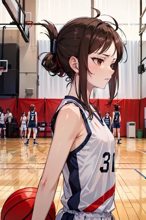 <lora:basket_uniform-10:0.5> wearing basket_uniform, inside basketball field, back view, side view, basketball,, ultra detailed, masterpiece, best quality, aesthetic, detailed,, solo, frown,
1girl, red eyes, <lora:Tsurime3:1>, (tsurime:1.2), (brown hair:1.3), medium hair, (asymmetrical bangs, swept bangs, cowlick:1.35), flipped hair, <lora:foldedponytail:0.8> foldedponytail, folded ponytail, (small breasts:1.3),