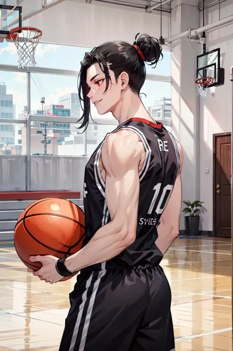 <lora:basket_uniform-10:0.5> wearing basket_uniform, inside basketball field, back view, side view, basketball, straight-on, dribbling \(basketball\), 1boy, muscular male, slim, red and black clothes, number 10, (1boy:1.2),, ultra detailed, masterpiece, best quality, aesthetic, detailed,, solo, smug smile, 1boy, red eyes, <lora:Tsurime3:0.7>, (tsurime:1.2), black hair, undercut, top knot, parted bangs, long bangs, bangs, short hair, hair intakes, tall,