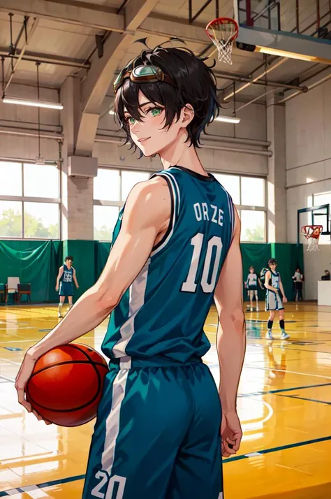 <lora:basket_uniform-10:0.35> wearing basket_uniform, inside basketball field, back view, side view, basketball, straight-on, dribbling \(basketball\), 1boy, muscular male, blue clothes, number 10, (1boy:1.2), (straight-on, facing viewer:1.3),, ultra detailed, masterpiece, best quality, aesthetic, detailed,, ultra detailed, masterpiece, best quality, solo, smile, 1boy, green eyes, short hair, black hair, bangs, hair between eyes, messy hair, (goggles on head:1.2),
