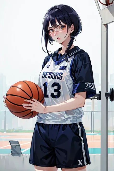 <lora:basket_uniform-10:0.5> wearing basket_uniform, wearing basketball uniform, inside basket field, inside basketball field, basketball,    <lora:tokiko-nvwls-v1-final:0.9> tsumura tokiko, scar,, ultra detailed, masterpiece, best quality, aesthetic, detailed,