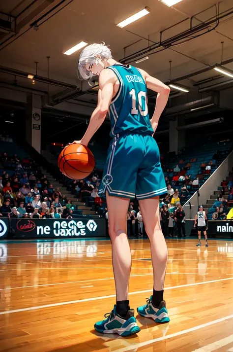 <lora:basket_uniform-10:0.35> wearing basket_uniform, inside basketball field, back view, side view, basketball, straight-on, dribbling \(basketball\), 1boy, muscular male, slim, green clothes, number 10, (1boy:1.2), (straight-on, facing viewer:1.3),, ultra detailed, masterpiece, best quality, aesthetic, detailed,, solo, 1boy, teal eyes, <lora:Tsurime3:1>, (tsurime:1.2), parted bangs, white hair, medium hair, straight hair, shoulder-length hair, male focus,