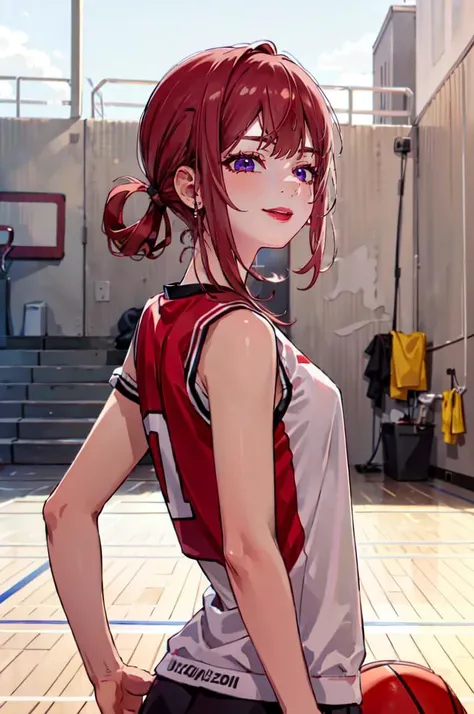 <lora:basket_uniform-10:0.5> wearing basket_uniform, inside basketball field, back view, side view, basketball,, ultra detailed, masterpiece, best quality, aesthetic, detailed,, solo, seductive smile, red lips,
1girl, purple eyes, red hair, blunt bangs, medium breasts, <lora:hair_rings:1> low hair rings, <lora:EllaNyan:1>,