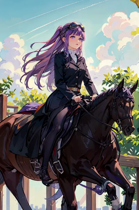 <lora:equitation_outfit:0.5> wearing equitation_outfit, wearing helmet, riding a horse, (goggles on head:1.3), <lora:Fern:1> FernFrieren, very long hair, purple eyes, (purple pupils),, ultra detailed, masterpiece, best quality, aesthetic, detailed,