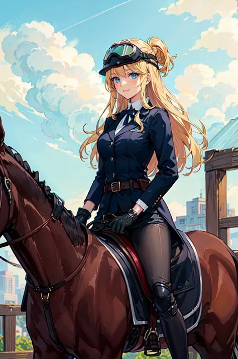 <lora:equitation_outfit:0.5> wearing equitation_outfit, wearing helmet, riding a horse, (goggles on head:1.3),, ultra detailed, masterpiece, best quality, aesthetic, detailed,, solo, soft smile, light smile,
1girl, blue eyes, very long hair, blonde hair, long blonde hair, french braid, bangs, medium breasts,