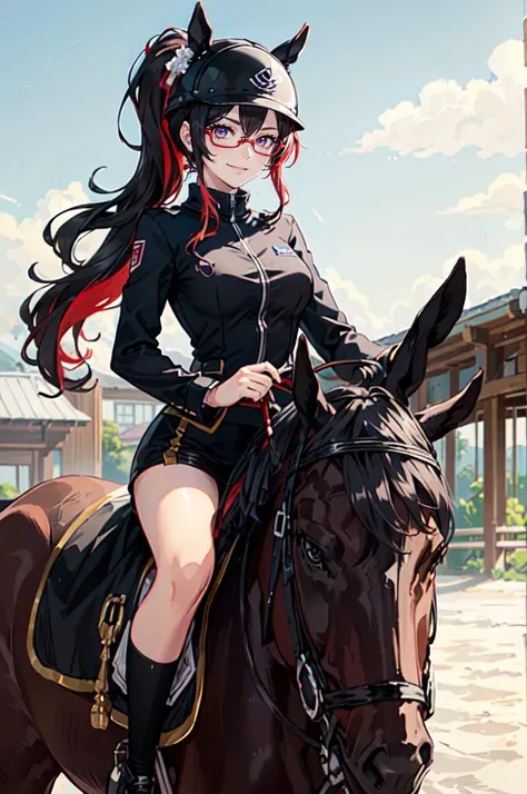 <lora:equitation_outfit:0.5> wearing equitation_outfit, wearing helmet, riding a horse,, ultra detailed, masterpiece, best quality, aesthetic, detailed,, solo, smug smile, 1girl, purple eyes, red-framed eyewear, (black hair, red colored tips:1.2), red streaked hair, very long hair, side ponytail, tied hair, medium breasts,