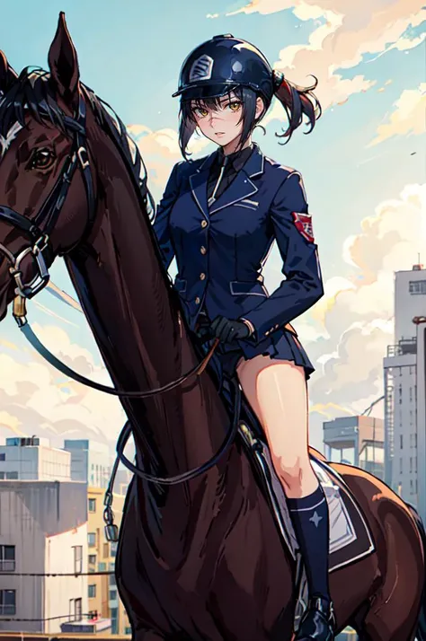 <lora:tokiko-nvwls-v1-final:0.9> tsumura tokiko, scar,  <lora:equitation_outfit:0.5> wearing equitation_outfit, wearing helmet, riding a horse,, ultra detailed, masterpiece, best quality, aesthetic, detailed,