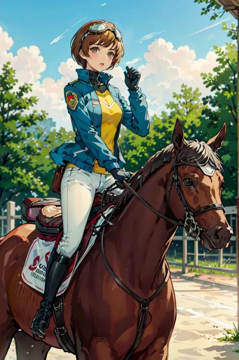 <lora:equitation_outfit:0.5> wearing equitation_outfit, wearing helmet, riding a horse, (goggles on head:1.3),    <lora:zs_Chie:1> brown eyes, short brown hair, chiep4,, ultra detailed, masterpiece, best quality, aesthetic, detailed,