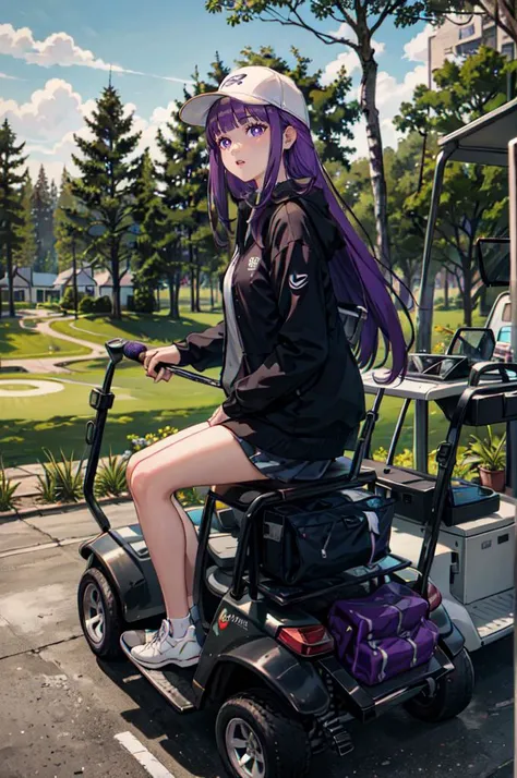 <lora:golf_outfit-10:0.5> wearing golf_outfit, wearing golf_cap, golf field, golf cart background, <lora:CHAR-Fern:1> FernFrieren, very long hair, purple eyes, (purple pupils),, ultra detailed, masterpiece, best quality, aesthetic, detailed,