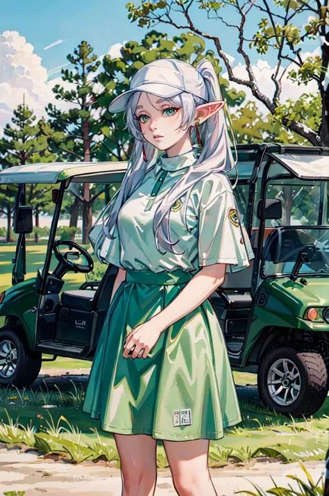 <lora:CHAR-Frieren:1> Frieren, twintails, earrings , <lora:golf_outfit-10:0.5> wearing golf_outfit, wearing golf_cap, golf field, golf cart background,, ultra detailed, masterpiece, best quality, aesthetic, detailed,