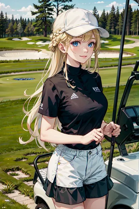 <lora:golf_outfit-10:0.5> wearing golf_outfit, wearing golf_cap, golf field, golf cart background,, ultra detailed, masterpiece, best quality, aesthetic, detailed,, solo, soft smile, light smile,
1girl, blue eyes, very long hair, blonde hair, long blonde hair, french braid, bangs, medium breasts,