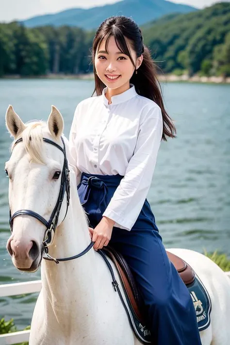 photo of a japanese woman, riding a white horse, wearing navy blue equitation_outfit, (((lake said, smile))), looking at viewer,
best quality,masterpiece,ultra high res,(photo realistic:1.4), japanese famous actress, very beautiful, kawaii, Cinematic, 35mm lens, f/ 1. 8, accent lighting, 8k, <lora:equitation_outfit:0.3>