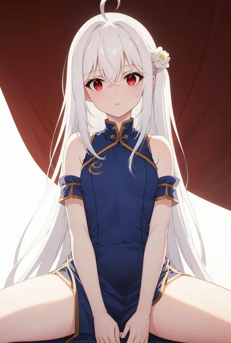 incredibly absurdres,white background,Ninym Ralei,red eyes,looking at viewer,china dress, small breasts, hands between legs, ahoge,