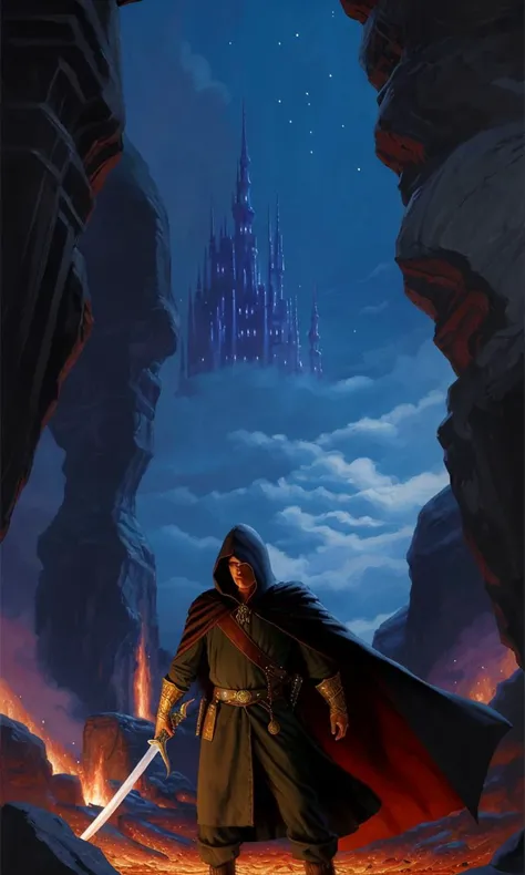 broshild2023, best quality, masterpiece, painting \(medium\), magical swordsman, green hood, epic fantasy illustration, fantasy setting