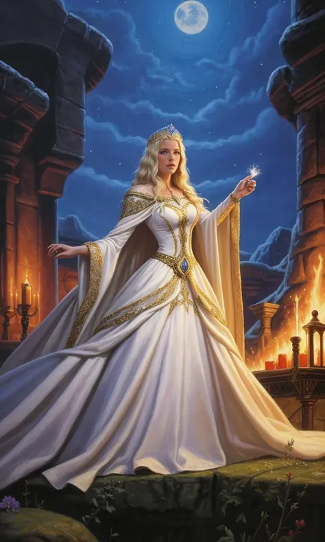 broshild2023, best quality, masterpiece, night maiden, magic powers, blonde princess, white dress, sorceress, painting \(medium\),