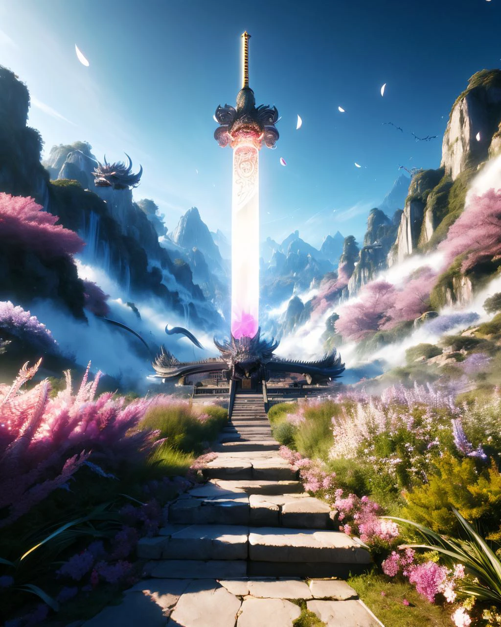 (High Quality:1.4), (Best Quality:1.4), (masterpiece:1.4), official art, official wallpaper, 4k textures,
swordism, (spell, glowing, giant sword stuck into the ground, diagonal, eastern dragon in background:1.5), sky, cloud, flower, petals falling, mountain,
(detailed:1.05), (extremely detailed:1.06), sharp focus, (intricate:1.03), (extremely intricate:1.04), low contrast, soft cinematic light, soothing tones, HDR, (Epic scenery:1.05), (beautiful scenery:1.05), (detailed scenery:1.05), (intricate scenery:1.05), (wonderful scenery:1.05), <lora:Swordism_Girl_v2.0:0.9> <lora:GoodHands-vanilla:1>