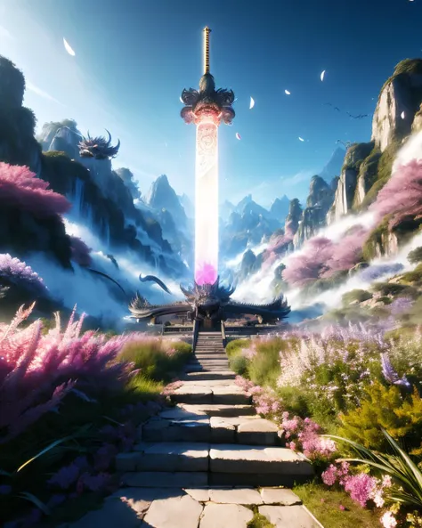 (High Quality:1.4), (Best Quality:1.4), (masterpiece:1.4), official art, official wallpaper, 4k textures,
swordism, (spell, glowing, giant sword stuck into the ground, diagonal, eastern dragon in background:1.5), sky, cloud, flower, petals falling, mountain, 
(detailed:1.05), (extremely detailed:1.06), sharp focus, (intricate:1.03), (extremely intricate:1.04), low contrast, soft cinematic light, soothing tones, HDR, (Epic scenery:1.05), (beautiful scenery:1.05), (detailed scenery:1.05), (intricate scenery:1.05), (wonderful scenery:1.05), <lora:Swordism_Girl_v2.0:0.9> <lora:GoodHands-vanilla:1>