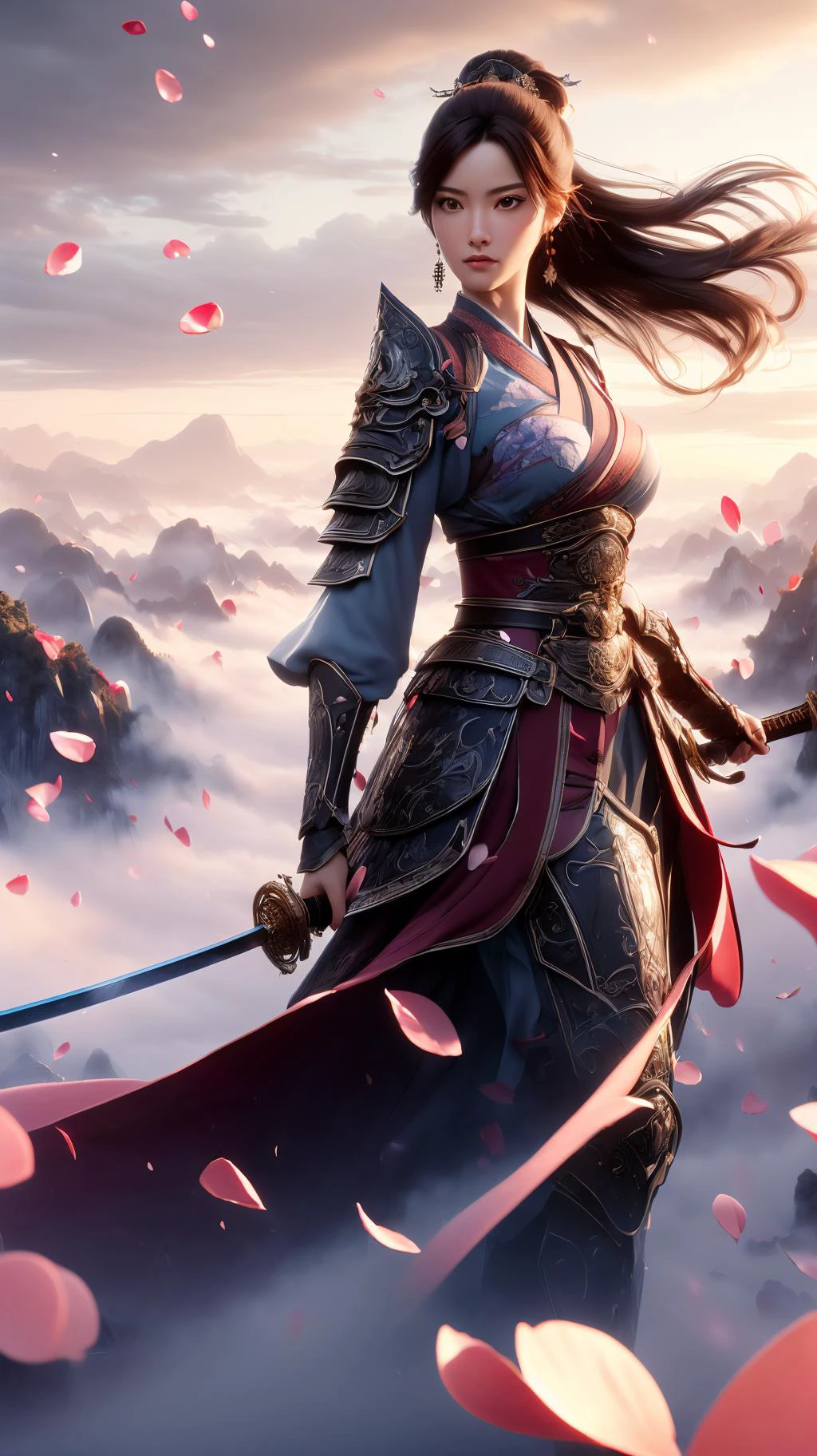 (High Quality:1.4), (Best Quality:1.4), (masterpiece:1.4), official art, official wallpaper, 4k textures,
(swordism, swg flying, 1girl, solo, full body, flying, above clouds, looking away, long hair, brown hair, chinese clothes, armor, shoulder armor, earrings, (holding sword), nice hands, perfect hands, high attitude, sky, cloud, flower, petals falling, mountain:1.5),
(detailed:1.05), (extremely detailed:1.06), sharp focus, (intricate:1.03), (extremely intricate:1.04), low contrast, soft cinematic light, soothing tones, HDR, (Epic scenery:1.05), (beautiful scenery:1.05), (detailed scenery:1.05), (intricate scenery:1.05), (wonderful scenery:1.05), <lora:Swordism_Girl_v2.0:0.9> <lora:GoodHands-vanilla:1>