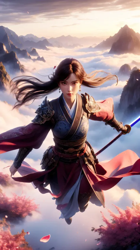 (High Quality:1.4), (Best Quality:1.4), (masterpiece:1.4), official art, official wallpaper, 4k textures,
(swordism, (swg flying:1.2), 1girl, solo, full body, (flying, above clouds:1.2), looking away, long hair, brown hair, chinese clothes, armor, shoulder armor, earrings, (holding sword), nice hands, perfect hands, high attitude, sky, cloud, flower, petals falling, mountain:1.2), 
(detailed:1.05), (extremely detailed:1.06), sharp focus, (intricate:1.03), (extremely intricate:1.04), low contrast, soft cinematic light, soothing tones, HDR, (Epic scenery:1.05), (beautiful scenery:1.05), (detailed scenery:1.05), (intricate scenery:1.05), (wonderful scenery:1.05), <lora:Swordism_Girl_v2.0:0.9> <lora:GoodHands-vanilla:1>