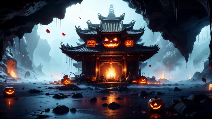 swordism, halloweentechto, scenery, a shot with tension, (no humans, jack-o'-lantern, candle, (deep underground, underworld, dark cave, haunted, hell, east asian architecture, floating soul flame), rose petals falling, red fog, stalactites, horror \(theme\), creepy atmosphere, dark:1.5), (masterpiece, top quality, best quality, official art, beautiful and aesthetic:1.2), extreme detailed, epic cinematic, [soft nature lights:-1], amazing, hyper detailed, ultra realistic, soft colors, <lora:GoodHands-beta2:1> <lora:Swordism_Girl_v2.0:0.7> <lora:halloweenTech-20:0.3> <lora:more_details:0.3>