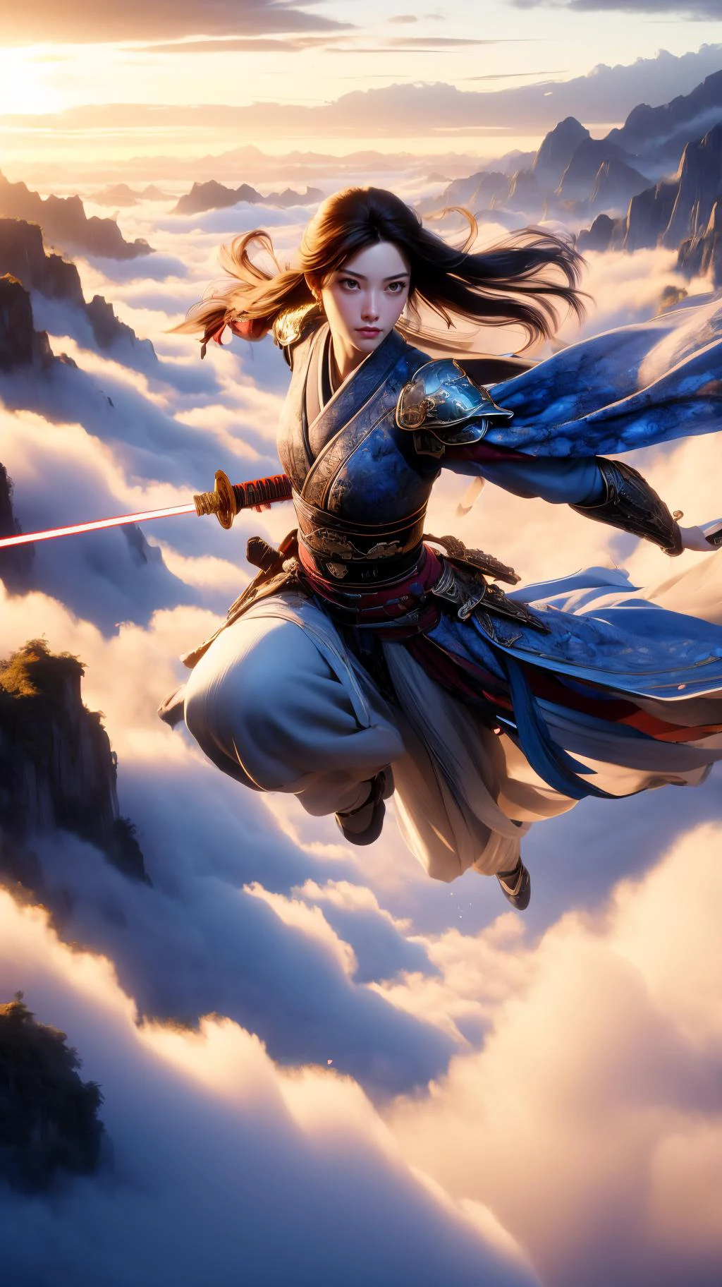 (High Quality:1.4), (Best Quality:1.4), (masterpiece:1.4), official art, official wallpaper, 4k textures,
swordism, (swg flying:1.5), 1girl, solo, full body, (flying, above clouds:1.5), looking away, long hair, brown hair, chinese clothes, armor, shoulder armor, earrings, (holding sword:1.4), nice hands, perfect hands, high attitude, sky, cloud, flower, petals falling, mountain,
(detailed:1.05), (extremely detailed:1.06), sharp focus, (intricate:1.03), (extremely intricate:1.04), low contrast, soft cinematic light, soothing tones, HDR, (Epic scenery:1.05), (beautiful scenery:1.05), (detailed scenery:1.05), (intricate scenery:1.05), (wonderful scenery:1.05), <lora:Swordism_Girl_v2.0:0.9> <lora:GoodHands-vanilla:1>