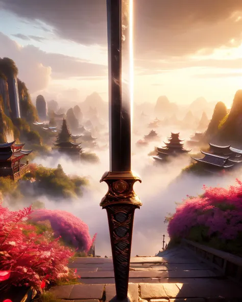 (High Quality:1.4), (Best Quality:1.4), (masterpiece:1.4), official art, official wallpaper, 4k textures,
(swordism, glowing, a giant sword floating in background:1.5), cloud, sky, east asian architecture, wind, falling petals, mountain
(detailed:1.05), (extremely detailed:1.06), sharp focus, (intricate:1.03), (extremely intricate:1.04), low contrast, soft cinematic light, soothing tones, HDR, (Epic scenery:1.05), (beautiful scenery:1.05), (detailed scenery:1.05), (intricate scenery:1.05), (wonderful scenery:1.05), <lora:Swordism_Girl_v2.0:0.9>