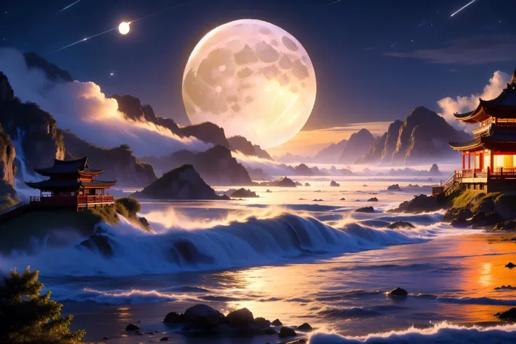 swordism, hdr, scenery, (night time, moon:1.5), cloud, starry sky, fog, east asian architecture, high mountain, <lora:Swordism_Girl_v2.0:1>