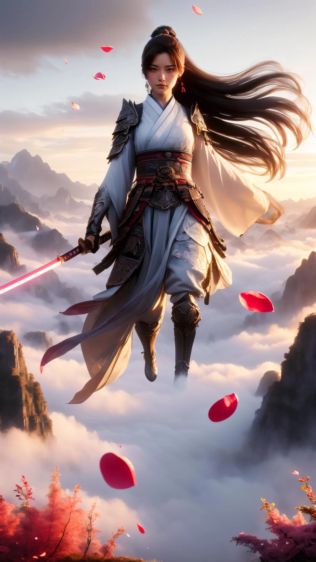 (High Quality:1.4), (Best Quality:1.4), (masterpiece:1.4), official art, official wallpaper, 4k textures,
(swordism, (swg flying:1.2), 1girl, solo, full body, (flying, above clouds:1.2), looking away, long hair, brown hair, chinese clothes, armor, shoulder armor, earrings, (holding sword), nice hands, perfect hands, high attitude, sky, cloud, flower, petals falling, mountain:1.2),
(detailed:1.05), (extremely detailed:1.06), sharp focus, (intricate:1.03), (extremely intricate:1.04), low contrast, soft cinematic light, soothing tones, HDR, (Epic scenery:1.05), (beautiful scenery:1.05), (detailed scenery:1.05), (intricate scenery:1.05), (wonderful scenery:1.05), <lora:Swordism_Girl_v2.0:0.9> <lora:GoodHands-vanilla:1>