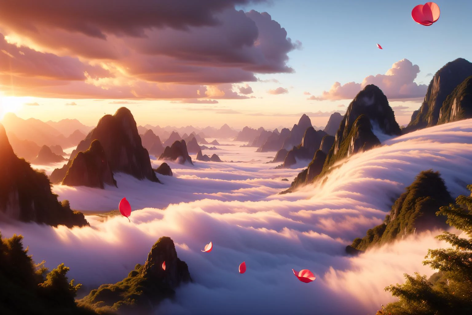 swordism, hdr, scenery, sky, cloud, high attitude mountain, petals in wind, mountainous horizon, <lora:Swordism_Girl_v2.0:1>