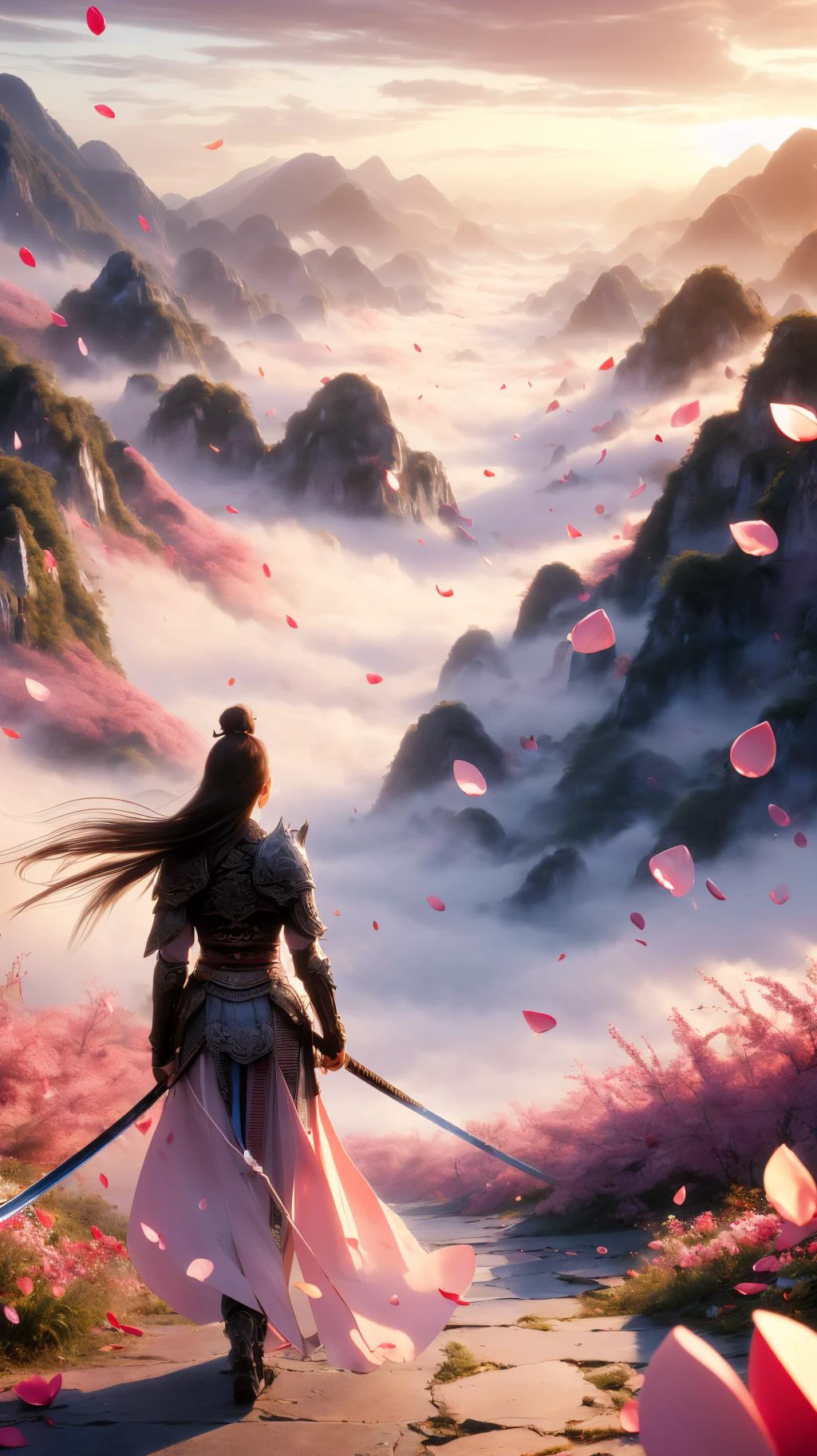 (High Quality:1.4), (Best Quality:1.4), (masterpiece:1.4), official art, official wallpaper, 4k textures,
(swordism, swg flying, 1girl, solo, full body, flying, above clouds, looking away, long hair, brown hair, chinese clothes, armor, shoulder armor, earrings, (holding sword), nice hands, perfect hands, high attitude, sky, cloud, flower, petals falling, mountain:1.5),
(detailed:1.05), (extremely detailed:1.06), sharp focus, (intricate:1.03), (extremely intricate:1.04), low contrast, soft cinematic light, soothing tones, HDR, (Epic scenery:1.05), (beautiful scenery:1.05), (detailed scenery:1.05), (intricate scenery:1.05), (wonderful scenery:1.05), <lora:Swordism_Girl_v2.0:0.9> <lora:GoodHands-vanilla:1>