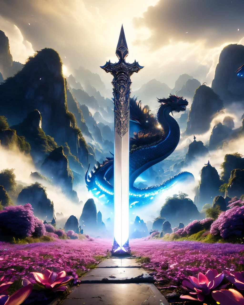 (High Quality:1.4), (Best Quality:1.4), (masterpiece:1.4), official art, official wallpaper, 4k textures,
swordism, (spell, glowing, giant sword stuck into the ground, diagonal, eastern dragon in background:1.5), sky, cloud, flower, petals falling, mountain,
(detailed:1.05), (extremely detailed:1.06), sharp focus, (intricate:1.03), (extremely intricate:1.04), low contrast, soft cinematic light, soothing tones, HDR, (Epic scenery:1.05), (beautiful scenery:1.05), (detailed scenery:1.05), (intricate scenery:1.05), (wonderful scenery:1.05), <lora:Swordism_Girl_v2.0:0.9> <lora:GoodHands-vanilla:1>