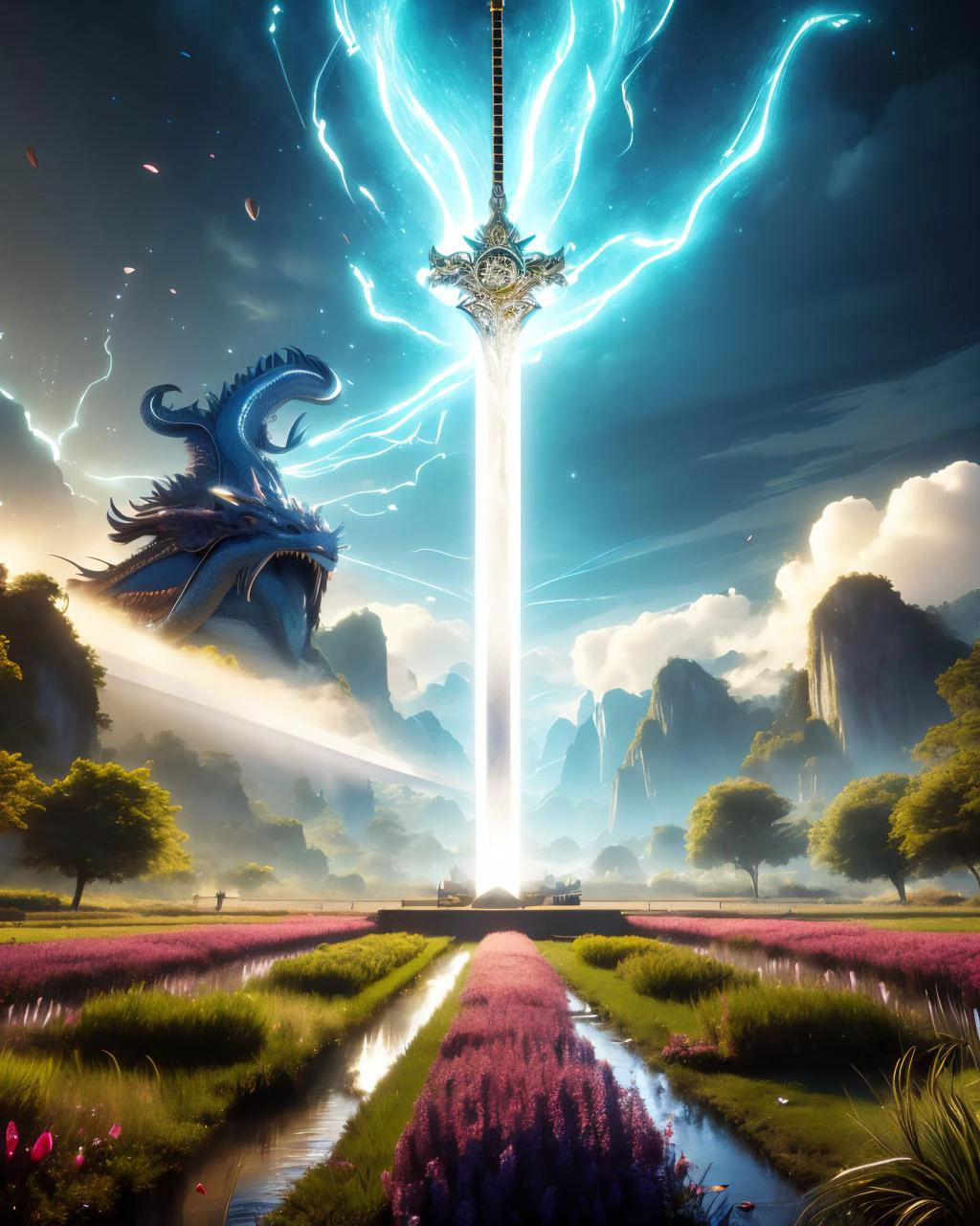 (High Quality:1.4), (Best Quality:1.4), (masterpiece:1.4), official art, official wallpaper, 4k textures,
swordism, (spell, glowing, giant sword stuck into the ground, diagonal, eastern dragon flying in background:1.5), sky, cloud, flower, petals falling, mountain,
(detailed:1.05), (extremely detailed:1.06), sharp focus, (intricate:1.03), (extremely intricate:1.04), low contrast, soft cinematic light, soothing tones, HDR, (Epic scenery:1.05), (beautiful scenery:1.05), (detailed scenery:1.05), (intricate scenery:1.05), (wonderful scenery:1.05), <lora:Swordism_Girl_v2.0:0.9> <lora:GoodHands-vanilla:1>