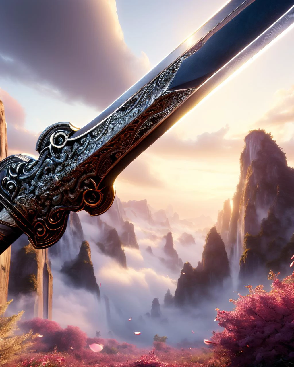 (High Quality:1.4), (Best Quality:1.4), (masterpiece:1.4), official art, official wallpaper, 4k textures,
swordism, (spell, enormous sword stuck in background, diagonal:1.5), sky, cloud, flower, petals falling, mountain,
(detailed:1.05), (extremely detailed:1.06), sharp focus, (intricate:1.03), (extremely intricate:1.04), low contrast, soft cinematic light, soothing tones, HDR, (Epic scenery:1.05), (beautiful scenery:1.05), (detailed scenery:1.05), (intricate scenery:1.05), (wonderful scenery:1.05), <lora:Swordism_Girl_v2.0:0.9> <lora:GoodHands-vanilla:1>