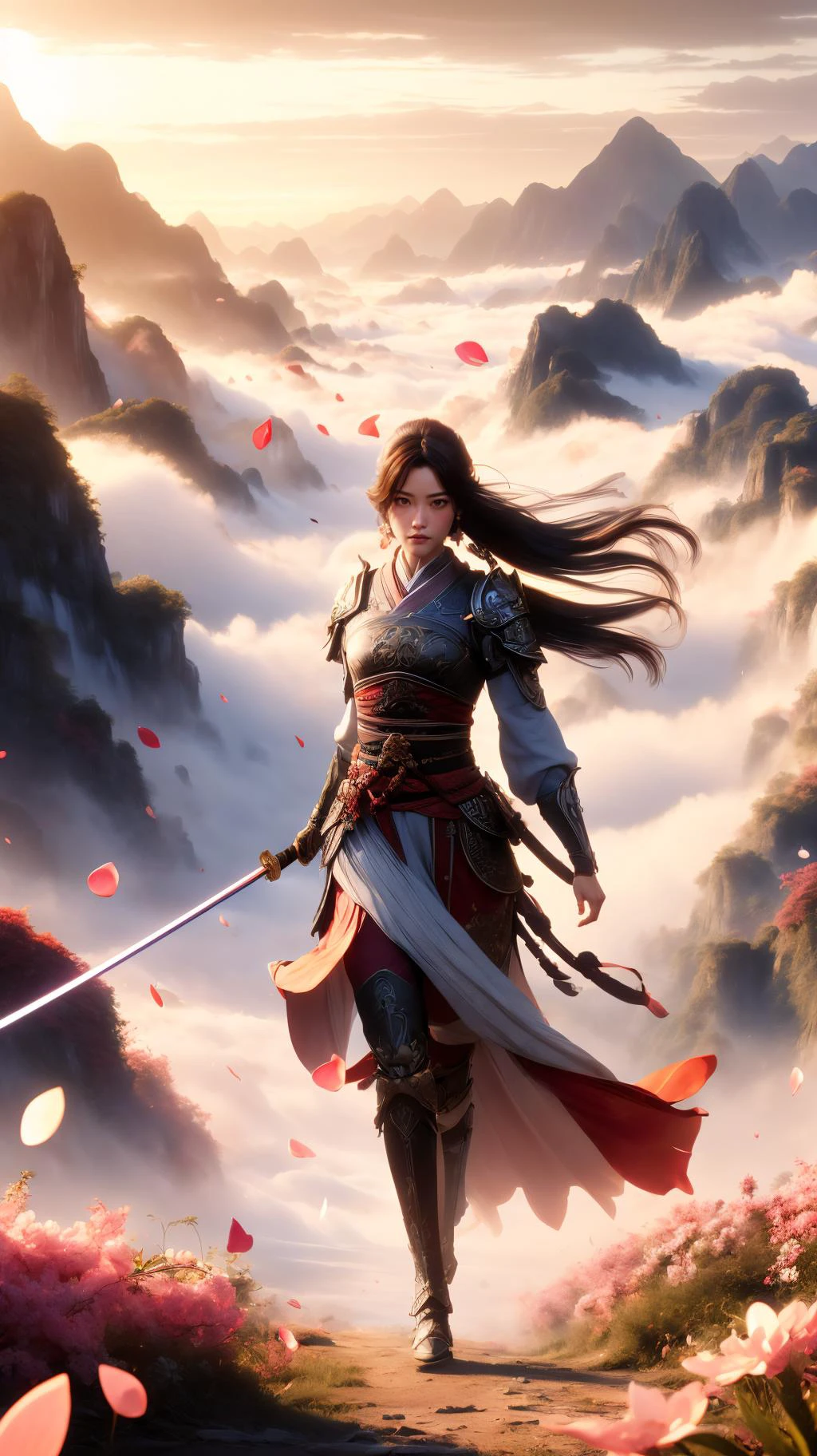 (High Quality:1.4), (Best Quality:1.4), (masterpiece:1.4), official art, official wallpaper, 4k textures,
(swordism, (swg flying:1.2), 1girl, solo, full body, (flying, above clouds:1.2), looking away, long hair, brown hair, chinese clothes, armor, shoulder armor, earrings, (holding sword), nice hands, perfect hands, high attitude, sky, cloud, flower, petals falling, mountain:1.2),
(detailed:1.05), (extremely detailed:1.06), sharp focus, (intricate:1.03), (extremely intricate:1.04), low contrast, soft cinematic light, soothing tones, HDR, (Epic scenery:1.05), (beautiful scenery:1.05), (detailed scenery:1.05), (intricate scenery:1.05), (wonderful scenery:1.05), <lora:Swordism_Girl_v2.0:0.9> <lora:GoodHands-vanilla:1>