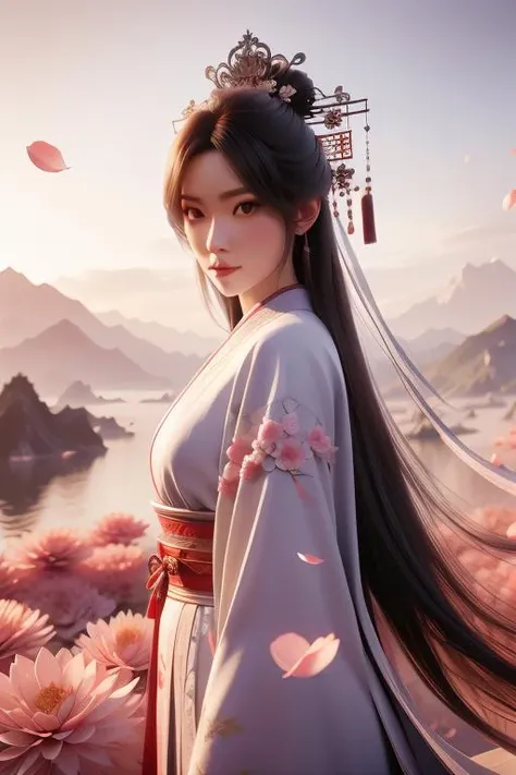 1girl, full body, long hair, grey hair, hair ornament, expressionless, looking at viewer, chinese dress, petals falling, (masterpiece, top quality, best quality, deep focus, official art, beautiful and aesthetic:1.2), extreme detailed, soft nature lights, ultra realistic, 8k resolution, realistic, <lora:Swordism_Girl:1>