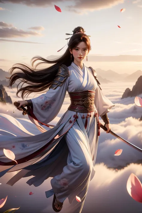 swordism, swg flying, 1girl, solo, full body, flying, above clouds, looking away, long hair, brown hair, chinese clothes, armor, shoulder armor, earrings, (holding sword), high attitude, sky, cloud, flower, petals falling, mountain, <lora:Swordism_Girl_v2.0:1>