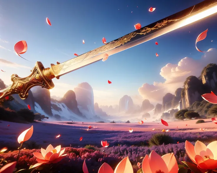 (giant sword in background, glowing:1.5), scenery, sky, cloud, fog, east asian architecture, (petals in wind:1.2), mountain, <lora:Swordism_Girl_v2.0:1>
