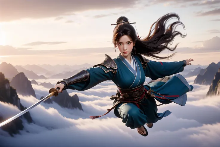 swordism, swg flying, 1girl, solo, full body, flying, leaning forward, above clouds, looking away, long hair, brown hair, chinese clothes, armor, shoulder armor, earrings, holding sword, sky, cloud, mountain, <lora:Swordism_Girl_v2.0:1>