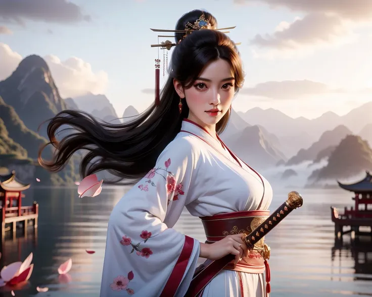 swordism, 1girl, solo, cowboy shot, dynamic pose, looking at viewer, long hair, black hair, hair ornament, chinese clothes, (see-through sleeves), jewelry, earrings, (holding sword), high attitude, sky, cloud, water, east asian architecture, petals falling, mountain, <lora:Swordism_Girl_v2.0:1>