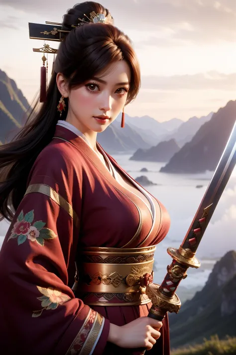 swordism, 1girl, solo, cowboy shot, looking at viewer, long hair, brown hair, hair ornament, , chinese clothes, long sleeves, wide sleeves, see-through sleeves, jewelry, earrings, holding sword, sky, cloud, mountain <lora:Swordism_Girl_v2.0:1>