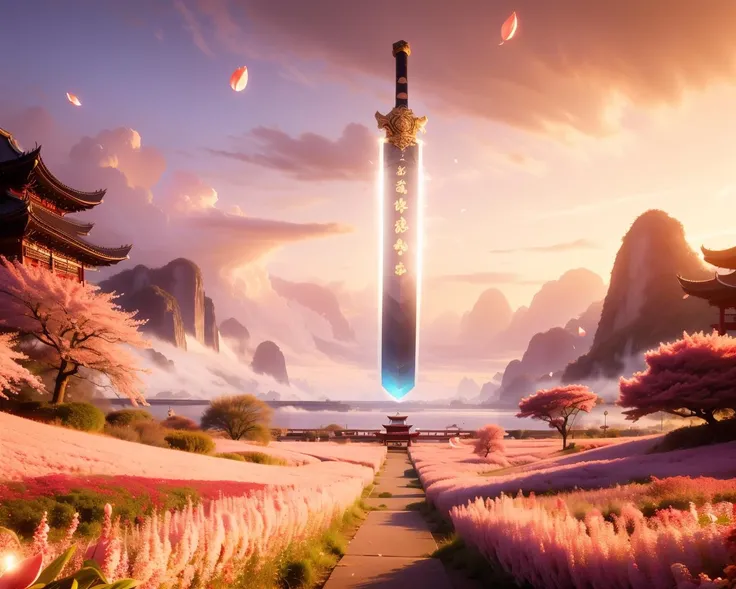 swordism, (giant sword in background, glowing:1.5), scenery, sky, cloud, fog, east asian architecture, cherry blossoms, petals in wind, mountain, <lora:Swordism_Girl_v2.0:1>