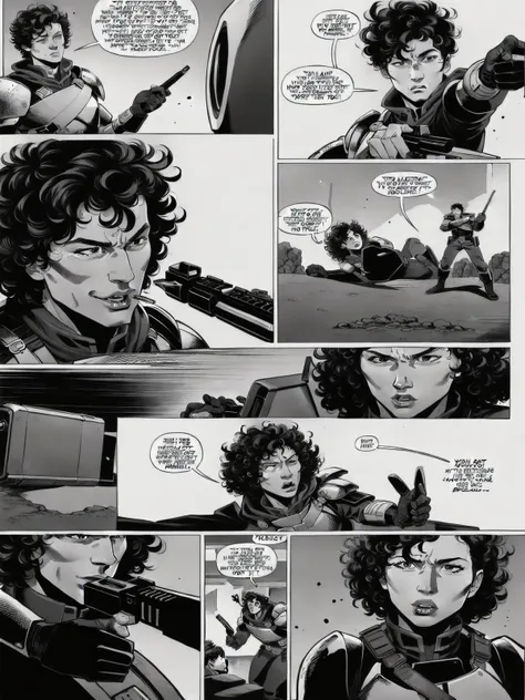 (Realistic:1.5) (masterpiece) holding weapon, military, breastplate, cape, pectorals, office, food, rifle, handgun, knight, motor vehicle, weapon, 6+boys, alien, gloves, curly hair, rifle, mohawk, skull, box, mecha, car, suit, 1girl, pen, outdoors, 1boy, 2boys, 3boys, bowl, <lora:EdobComic01_v1.0:0.8>