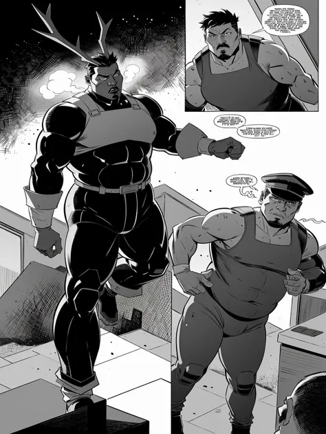 A fantasy gay sex world A black man with a hyper muscular body full black body a black man with a hairy, hypermuscular body with giant arms, muscular legs, full body, big breasts huge breasts huge asses bodybuilder only one man in the image a hairy man black body with hair manga story hero a futanari male comic panels manga panels line art manga