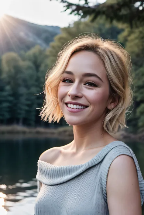 ((upper body selfie, happy)), photo of (blonde S4r4hG0ldb3rg01:0.99), a woman, RAW, close portrait photo, ((winged eyeliner, glossy lips)), (off the shoulder sweater:1.2), standing in front of a lake, forest in background, (sun rising), long haircut, pale skin, slim body, (high detailed skin:1.2), 8k uhd, dslr, soft lighting, high quality, film grain, Fujifilm XT3 sharp focus, f 5.6, cinematic light, sidelighting, Fujiflim XT3, DSLR, 50mm , (smile512:0.9), <lora:add_detail:0.4>, <lora:LowRA:0.5>
