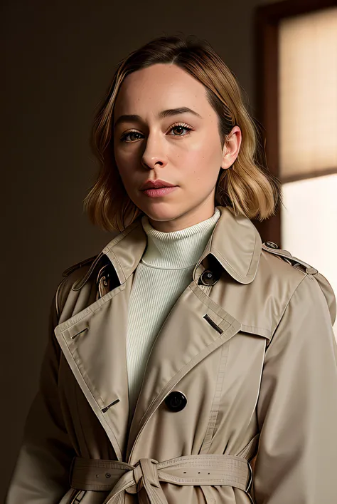 highest quality raw photo of (S4r4hG0ldb3rg01:0.99), a woman, RAW, close portrait photo, long exotic trench coat, turtleneck sweater, long haircut, slim body, (high detailed skin:1.2), 8k uhd, dslr, soft lighting, high quality, film grain, Fujifilm XT3 sharp focus, f 5.6