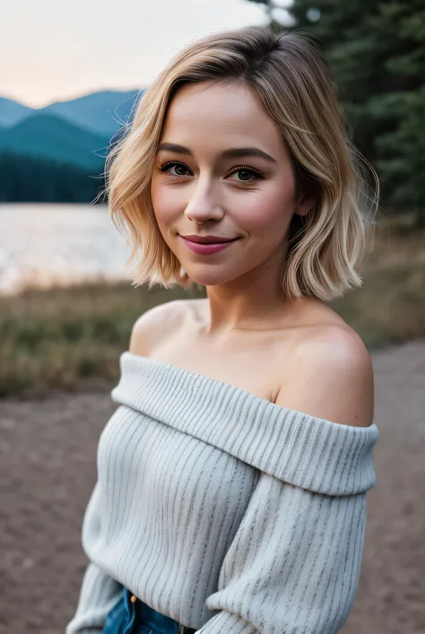 ((upper body selfie, happy)), photo of (blonde S4r4hG0ldb3rg01:0.99), a woman, RAW, close portrait photo, ((winged eyeliner, glossy lips)), (off the shoulder sweater:1.2), standing in front of a lake, forest in background, (sun rising), long haircut, pale skin, slim body, (high detailed skin:1.2), 8k uhd, dslr, soft lighting, high quality, film grain, Fujifilm XT3 sharp focus, f 5.6, cinematic light, sidelighting, Fujiflim XT3, DSLR, 50mm , (smile512:0.9), <lora:add_detail:0.4>, <lora:LowRA:0.5>