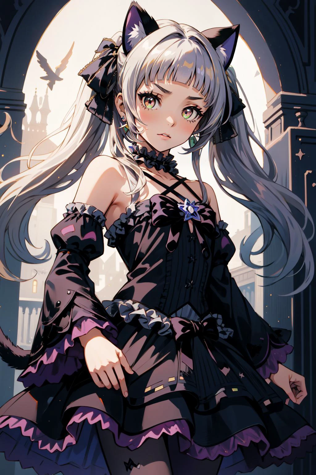 (masterpiece, best quality), intricate details,
1girl, <lora:murasaki_shion_v1:0.8> long hair, twintails, hair ribbon, short eyebrows, animal ears, cat tail, earrings, frilled choker, halterneck, black bow, star brooch, bare shoulders, black dress, frilled dress, gothic, detached sleeves, wide sleeves, purple pantyhose,